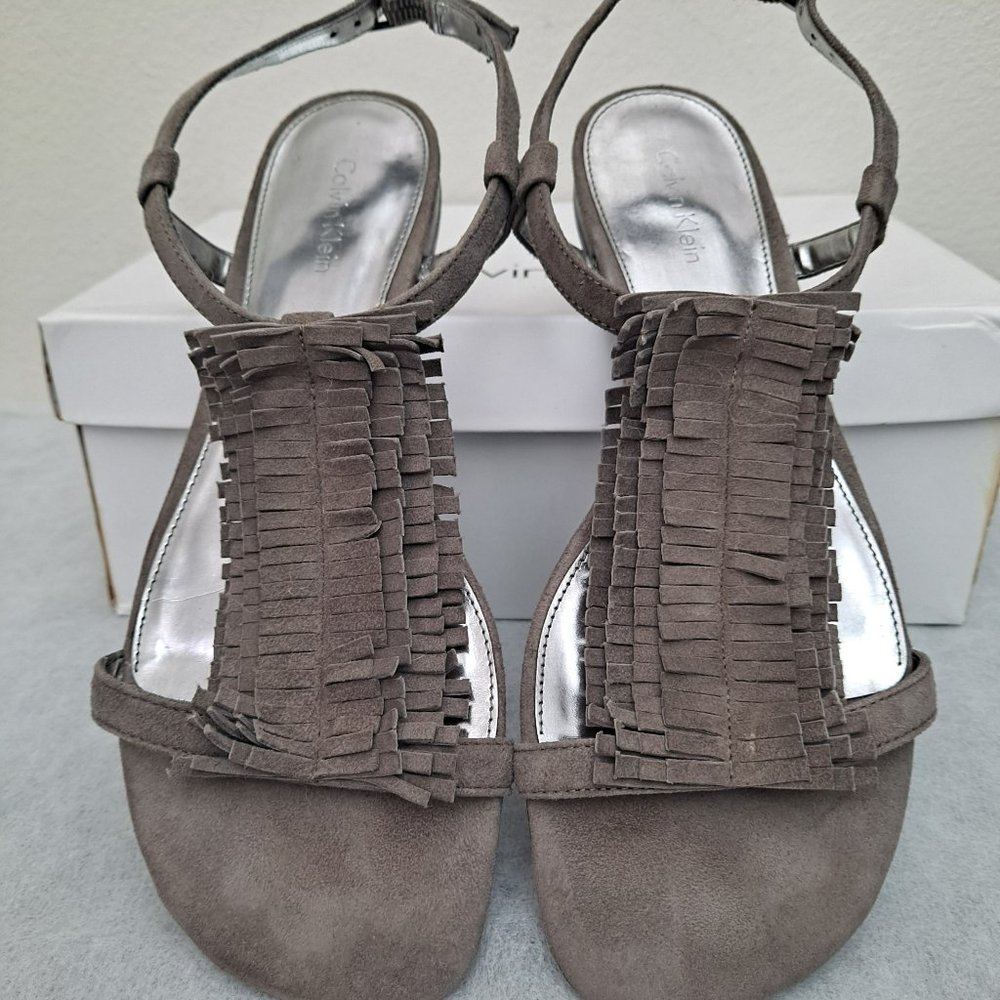 Calvin Klein Nonda grey suede fringe sandals